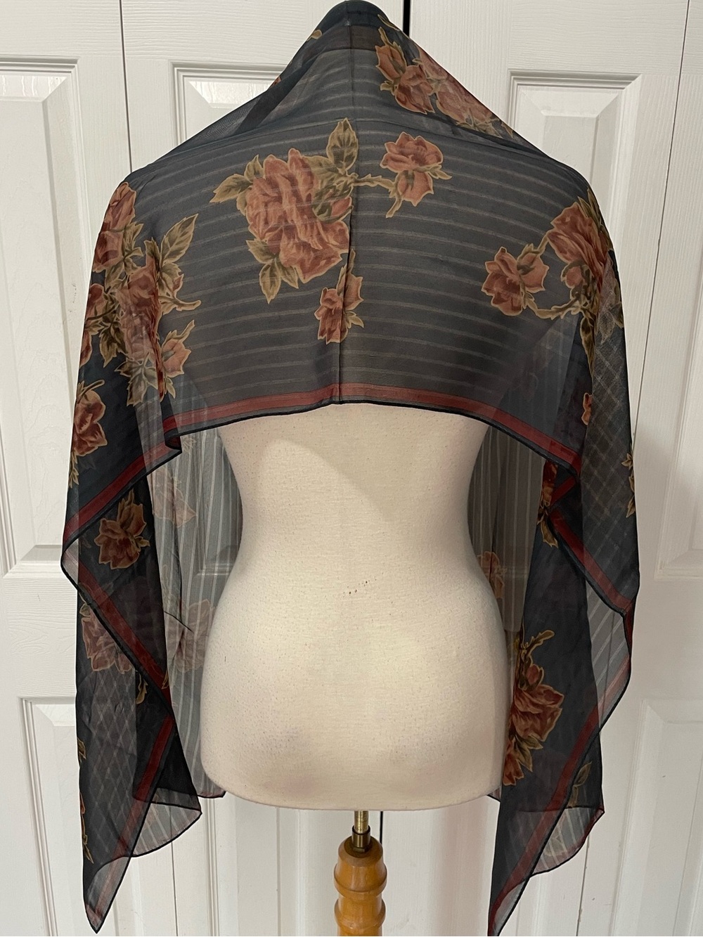 Ralph Lauren Silk Sheer Scarf with Rose Floral Accents 17.5”X70”